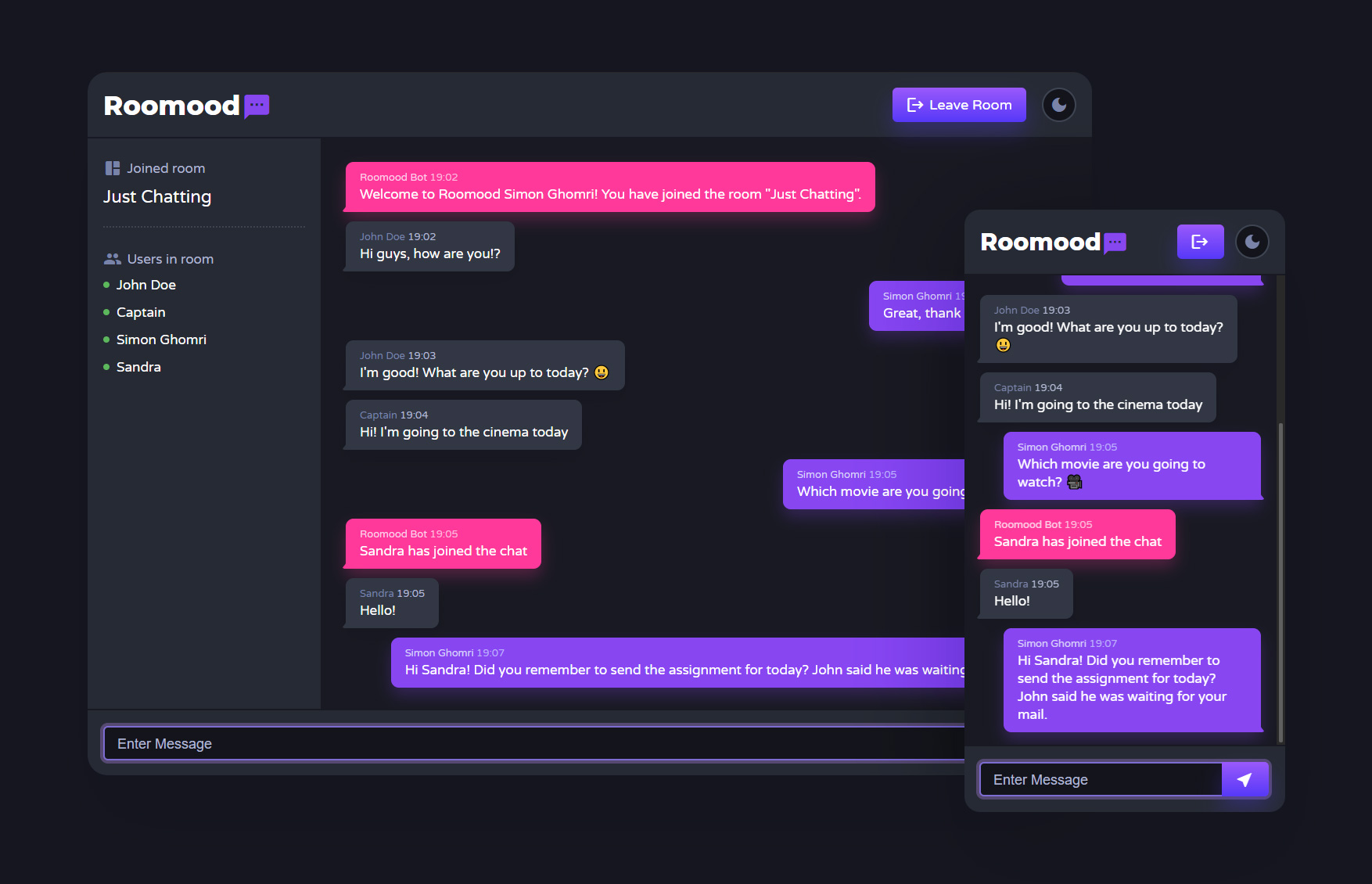 Roomood live chat app dark theme