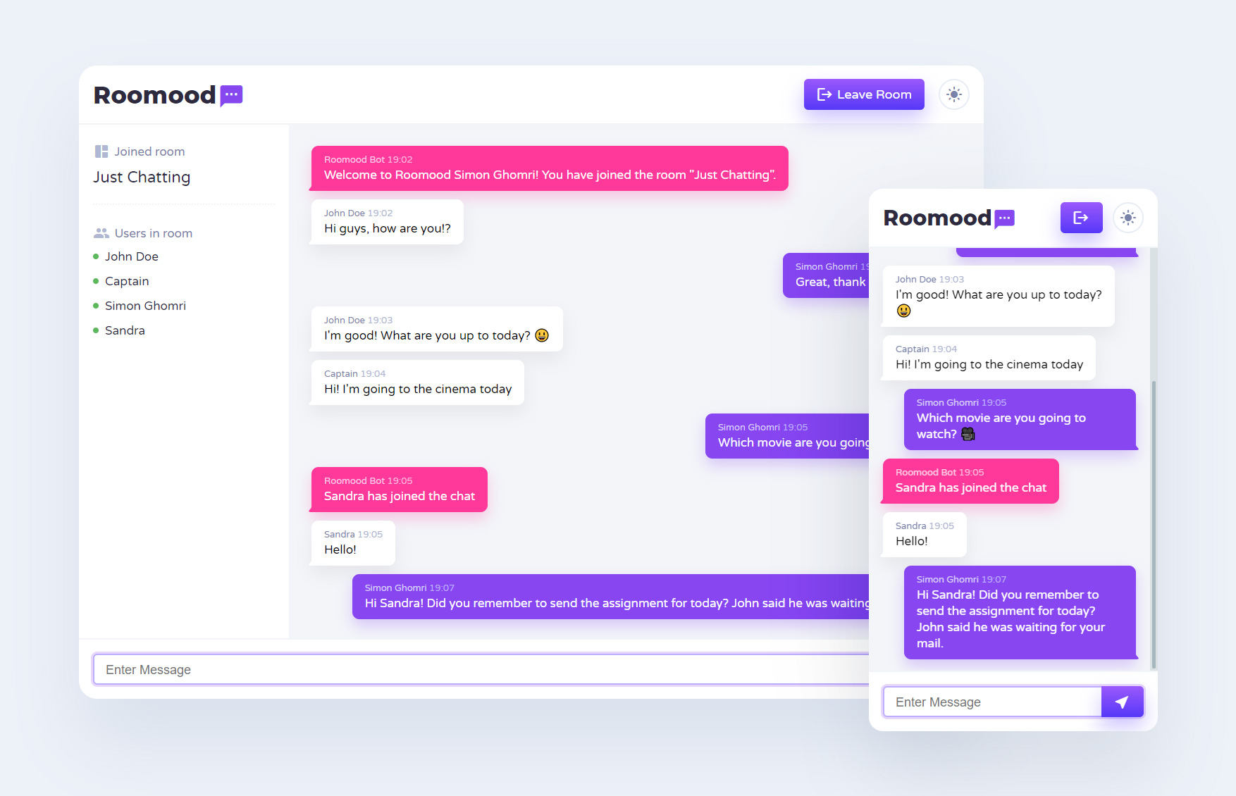 Roomood live chat app light theme